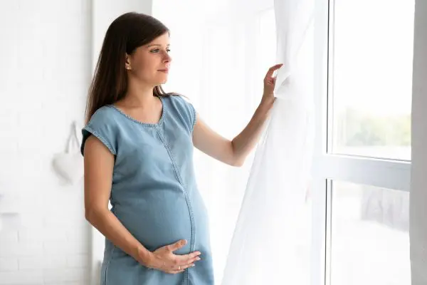 medium shot pregnant woman looking on the window 1