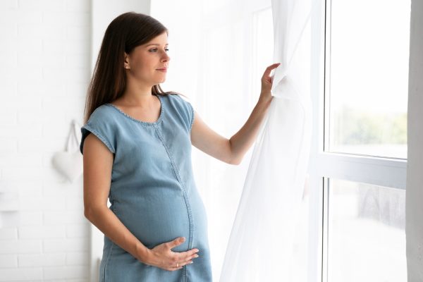 medium shot pregnant woman looking on the window 1